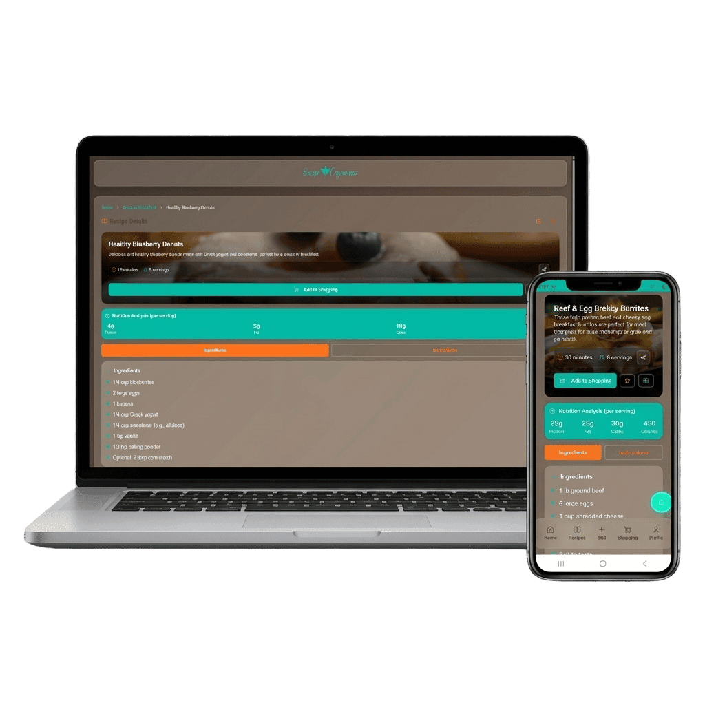 Recipe Organizer App on laptop and mobile devices showing recipe interface