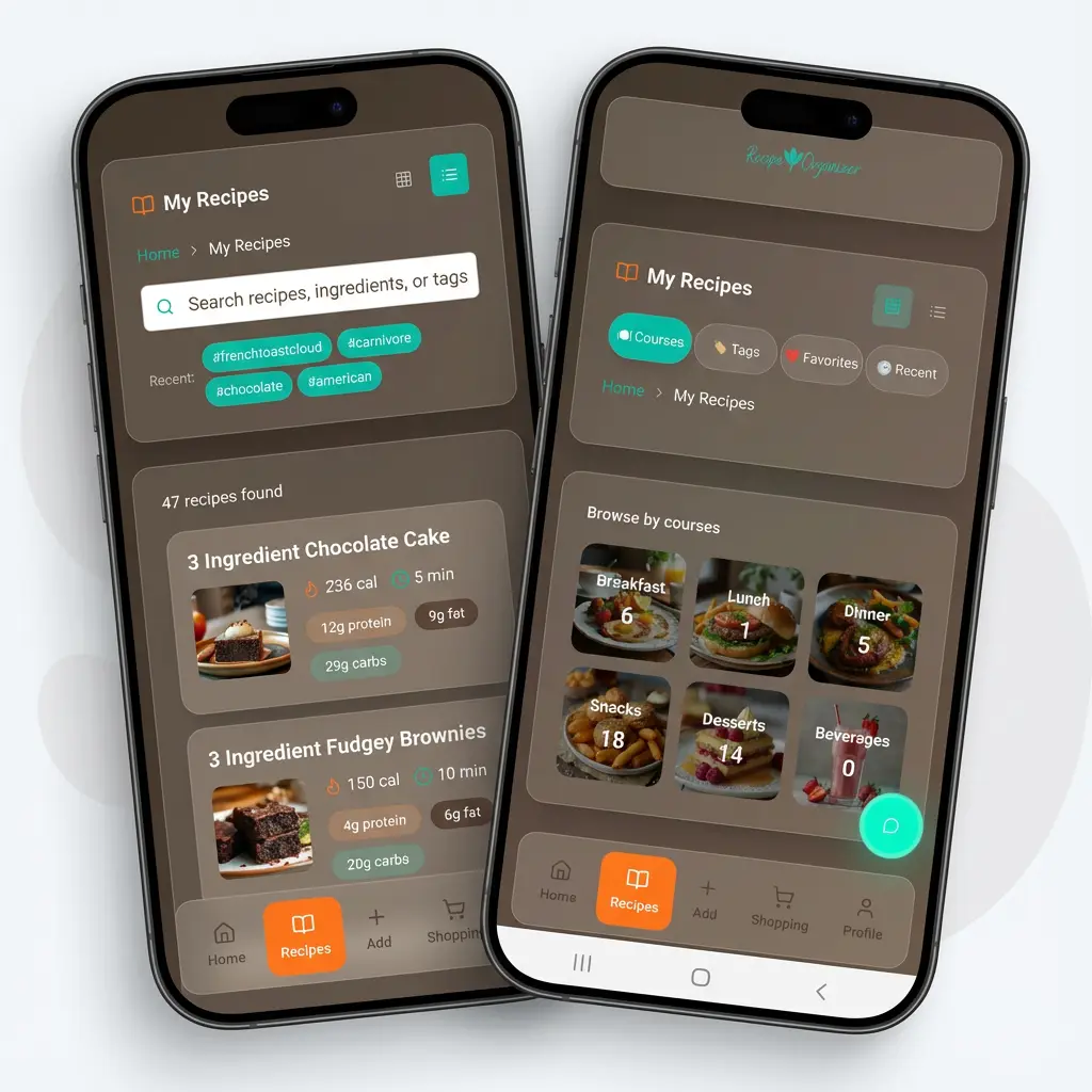 Recipe Organizer App interface showing macros and shopping list