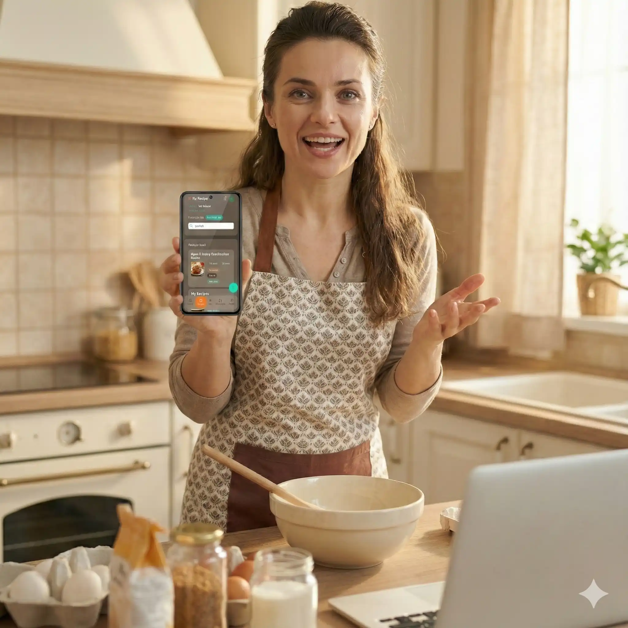 Woman using Recipe Organizer App to cook in kitchen