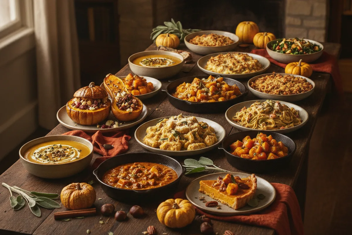 A spread of fall butternut squash recipes including roasted cubes, creamy soup, and risotto