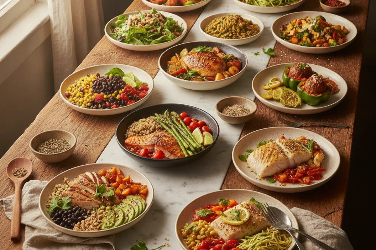 A weeknight spread of healthy dinner recipes including baked salmon with asparagus, a Greek chicken bowl, and grilled chicken with quinoa