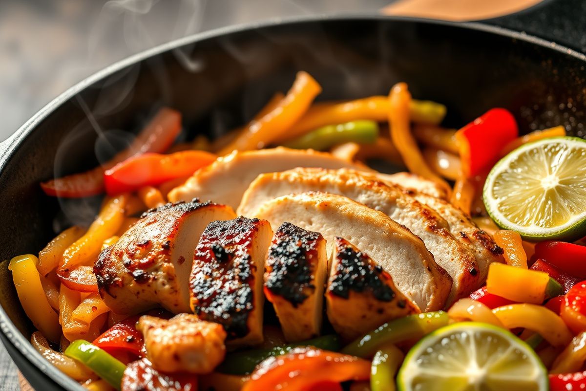 Sizzling chicken fajitas with bell peppers and onions in a cast iron skillet