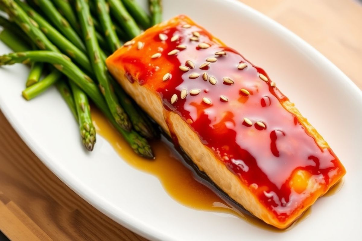 Glazed honey garlic salmon fillet with roasted asparagus