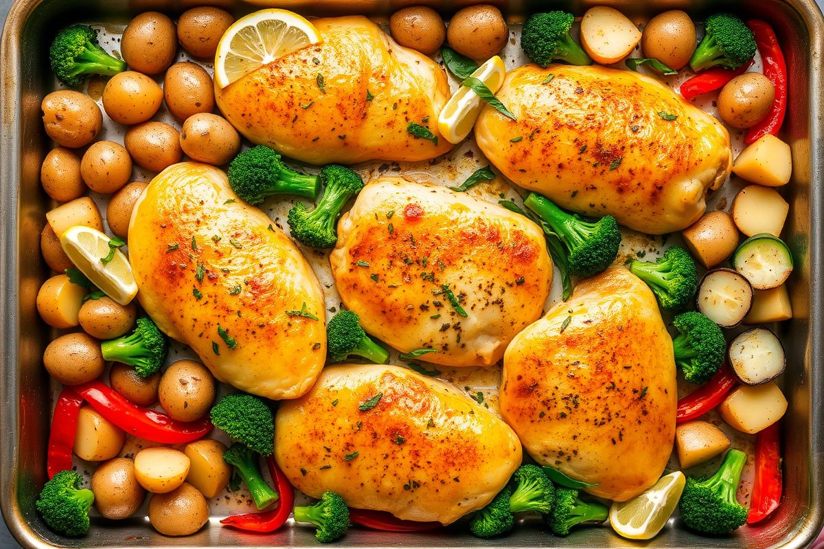 One-pan lemon herb chicken with colorful roasted vegetables