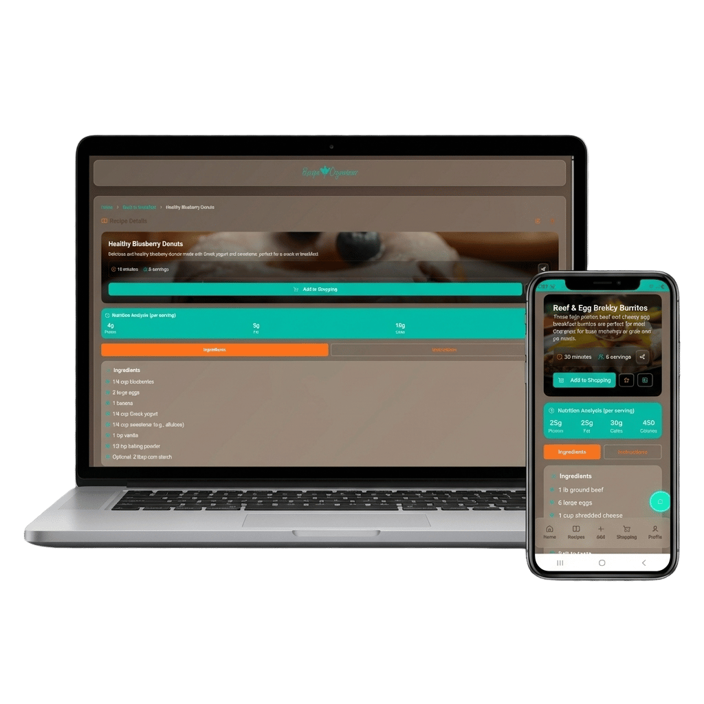Recipe Organizer App on laptop and mobile devices showing recipe interface